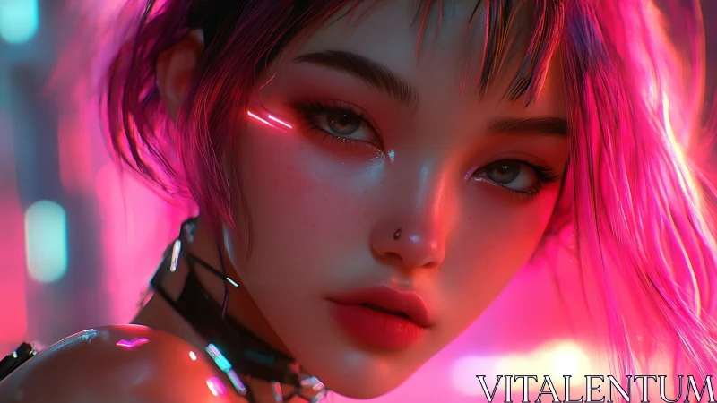 Cyberpunk neon heroine gazes through glowing city haze.
