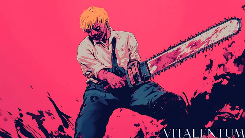 Blood-splattered chainsaw warrior stands amid high-contrast carnage