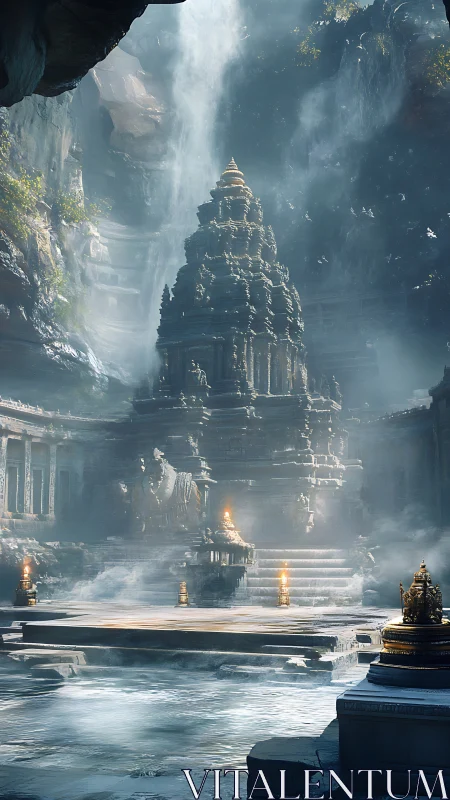 Ancient stone temple rises beneath misted canyon falls.