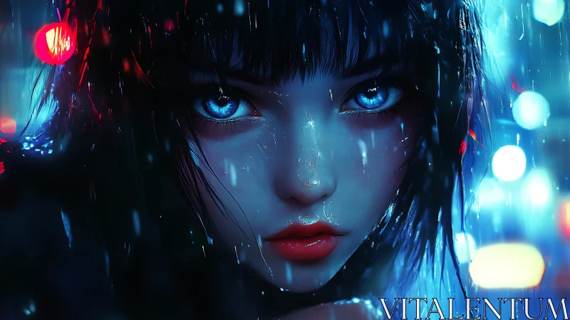 Blue-eyed cyberpunk girl stares through neon city rain