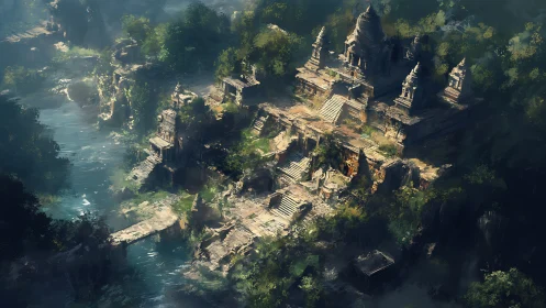 Ancient riverside temple ruins in lush jungle light.