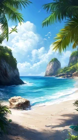 Tropical Coastal Cove with Limestone Cliff Formations and Palm Canopy Framing