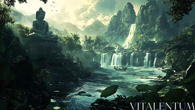 Stone Buddha statue beside river in dense tropical valley.