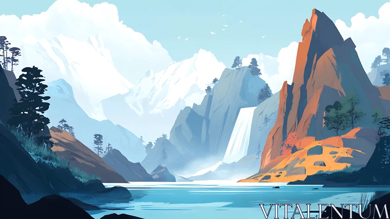 Stylized alpine canyon with layered peaks and luminous waterfall