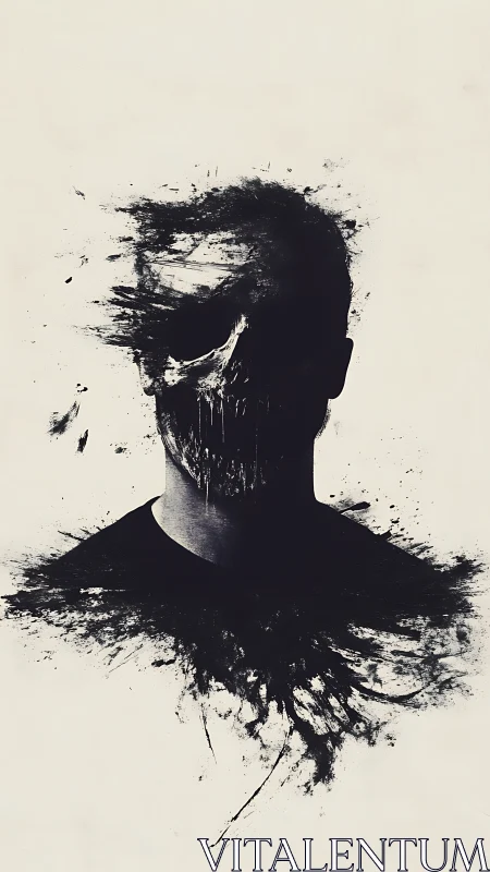 Ink-slashed silhouette where human portrait bleeds to skull.
