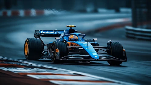 Photorealistic Formula race car cornering with dynamic motion blur.