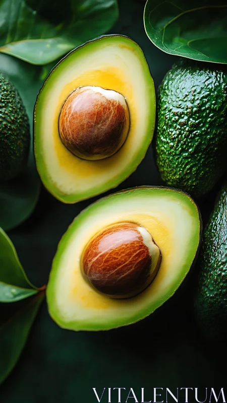 Cut Hass avocados rendered in high-contrast food photography