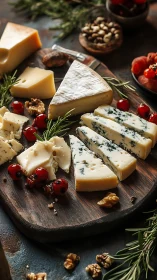 Cheese assortment on wooden board with nuts and berries.
