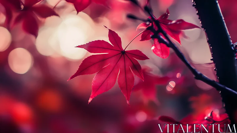 Red maple leaf hangs sharply focused against blurred light bokeh