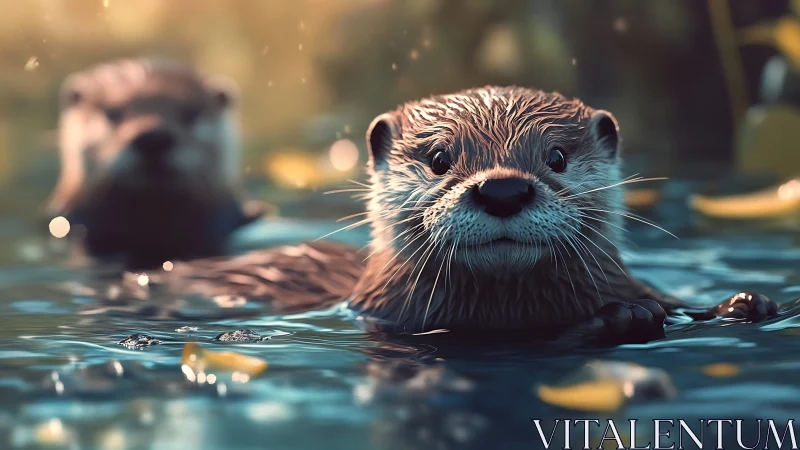 Curious river otters study the lens through glittering light