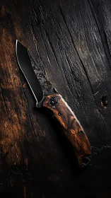 Tactical folding knife with hammered steel and wood handle.