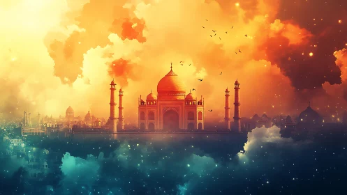 Skybound Taj Mahal drifting through nebula-kissed clouds.