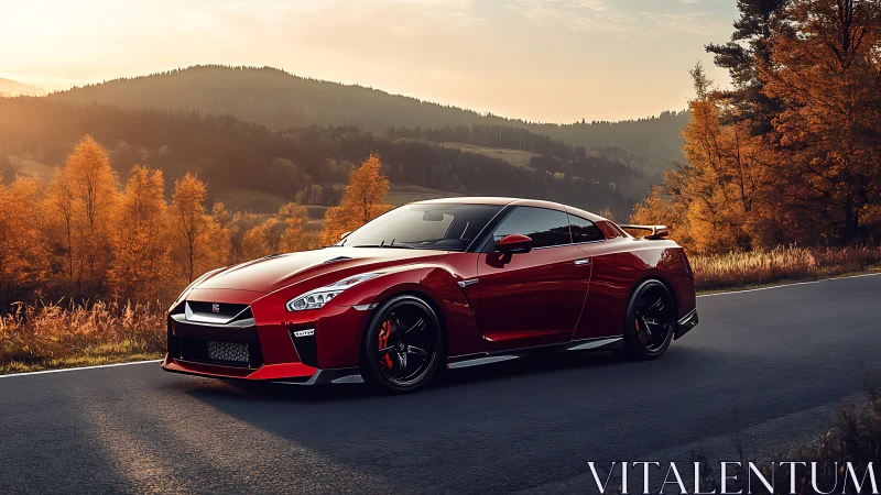 Red performance coupe on mountain road in golden autumn light.