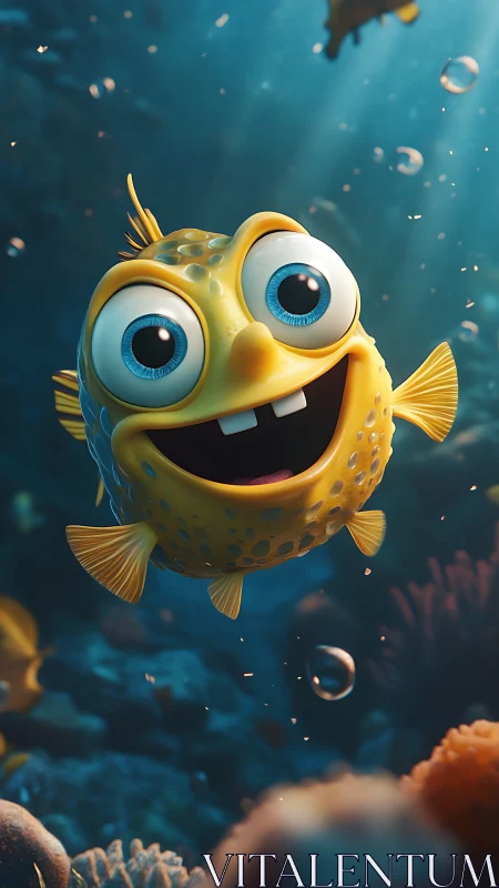 Cheerful stylized yellow reef fish under volumetric blue light