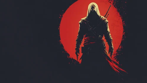 Hooded assassin silhouette stands before large red circle