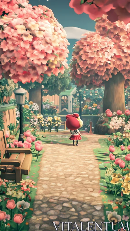 Child walks stone path under blooming pastel trees in spring