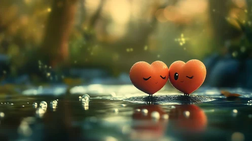 Two anthropomorphic heart figures in shallow water with vegetation.