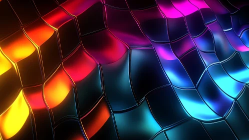 Colorful wavy grid of glowing abstract 3D tiles.