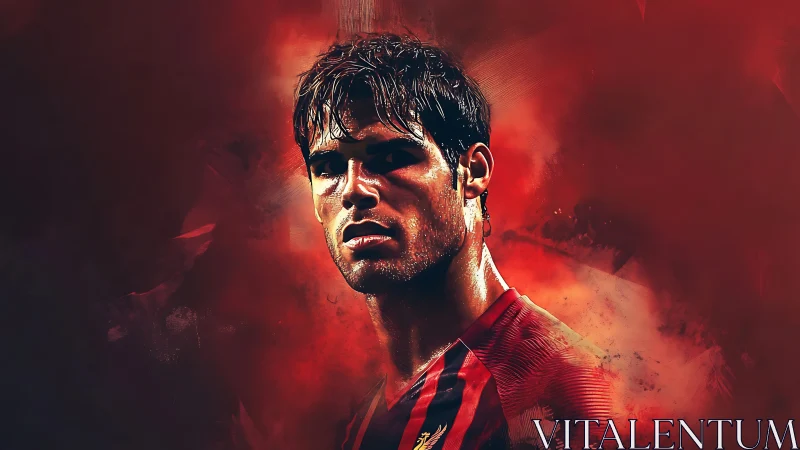 Storm-lit football portrait glowing in swirling red haze.