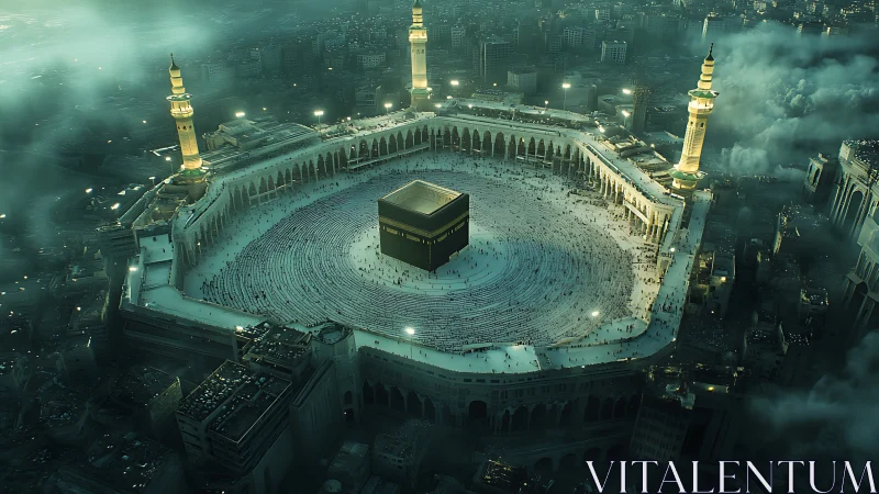 Nocturnal aerial view of illuminated central courtyard complex