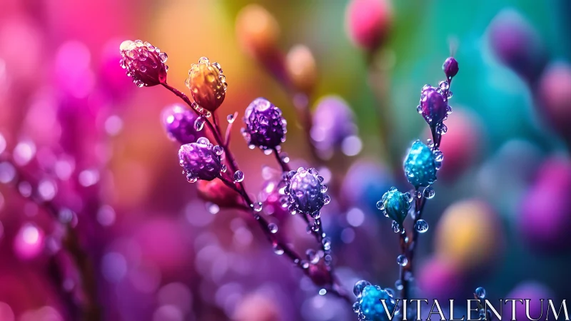 Macro capture of multicolored buds with refractive water droplets