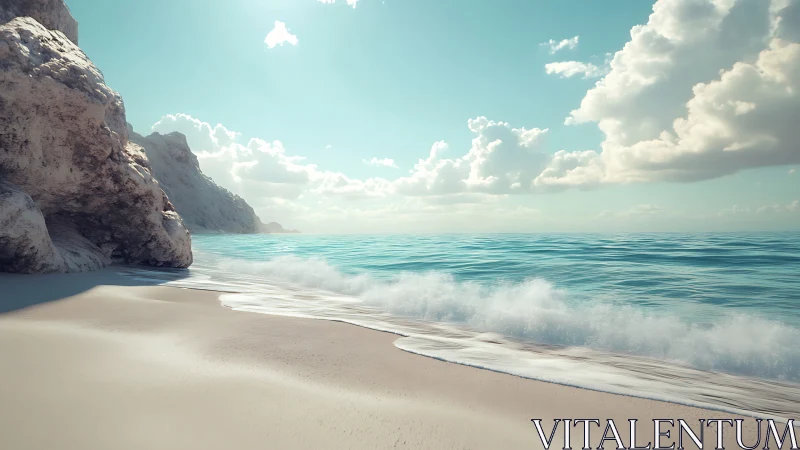 Sunlit shoreline meets turquoise surf beneath soft clouds.