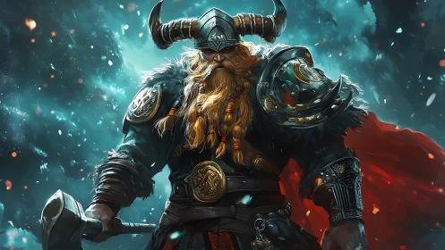 Runic warlord in polar storm with ornate hammer and armor.