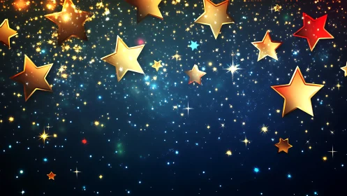 Layered golden star shapes overlay dense bokeh night sky field