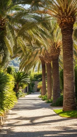 Sunlit palm-lined garden pathway forms a rhythmic canopy