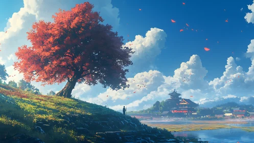 Crimson maple crowns hillside above serene lakeside temple