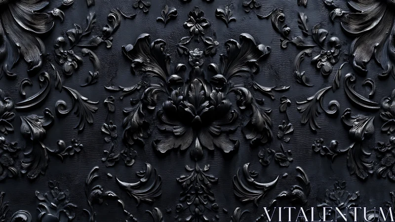 Baroque black floral relief with glossy sculpted scrollwork.