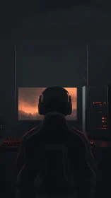 Midnight gamer gazes into ember-lit digital wilderness dreamscape.
