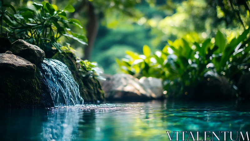 Tranquil forest pool with cascading stream in soft focus.