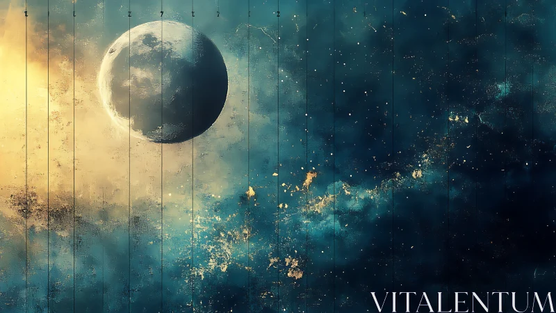 Textured cosmic vista renders cratered moon amid nebular glow