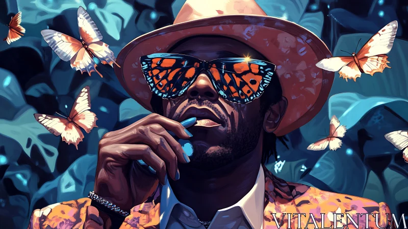 Man wearing butterfly sunglasses surrounded by floating butterflies