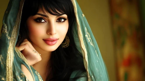 Soft teal veil and luminous gaze in gentle portrait.