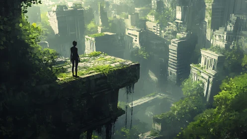 Lost wanderer gazes over a lush, overgrown future cityscape