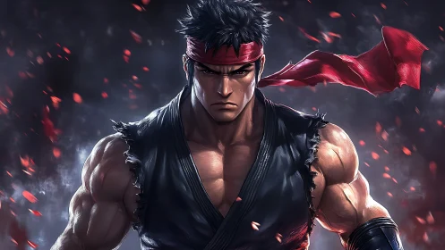 Muscular martial artist with red headband in battle stance.