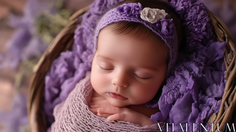 Newborn infant wrapped in purple textiles within woven basket.