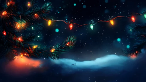 Cozy winter night lights twinkling above quiet snowdrifts.