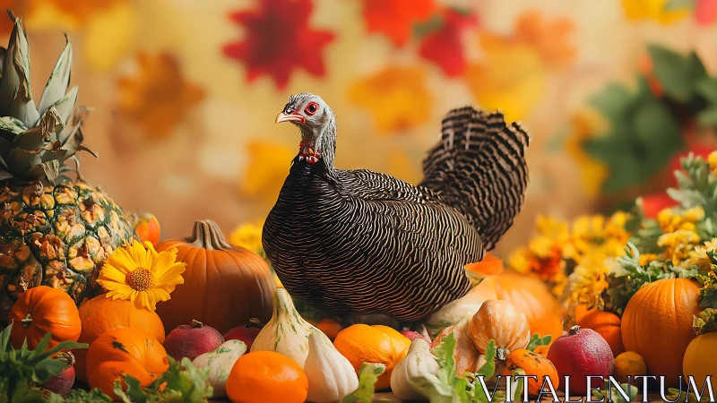 Dark turkey displays with autumn harvest produce and fall flowers.