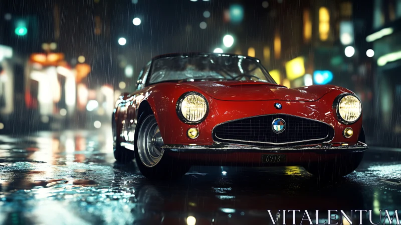 Red vintage sports car on wet city street at night.