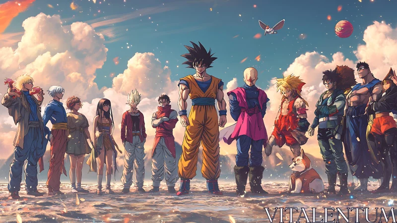 Group of anime fighters aligned under expansive clouded sky.