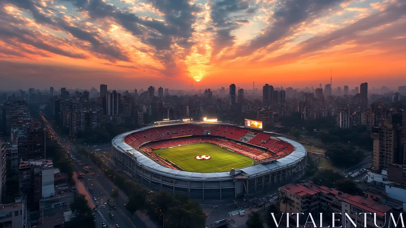 Sunset panorama over illuminated city football stadium.