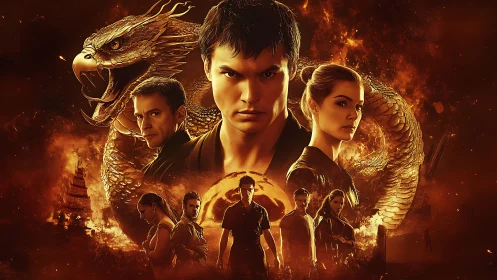 Martial heroes encircled by blazing golden dragon emblem.
