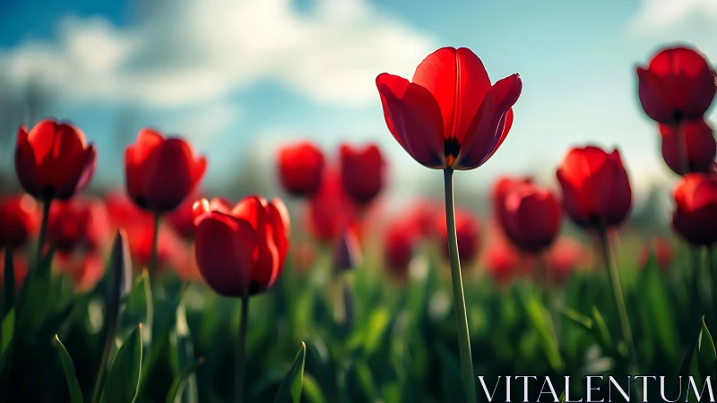Radiant Red Tulips Bathed in Sunlight Against Clear Sky