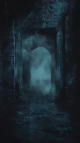 Nocturnal stone passage with mist-filled arched doorway portal