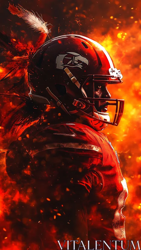 Blazing gridiron warrior framed in embers and light.