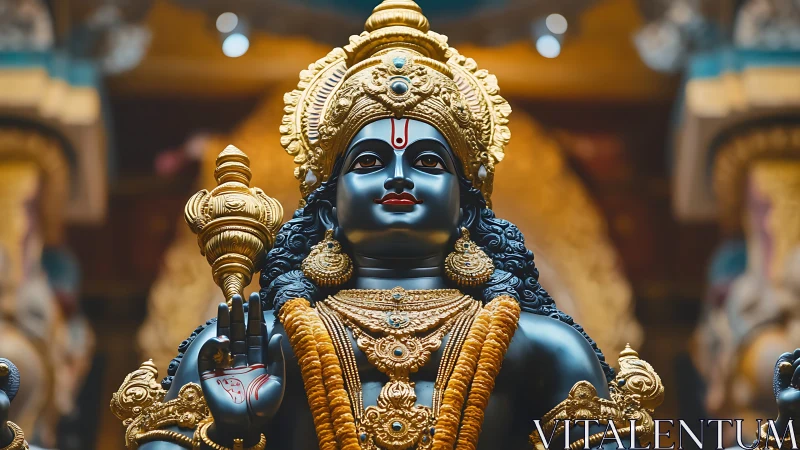 Ornate black stone deity statue with gold adornments in temple.