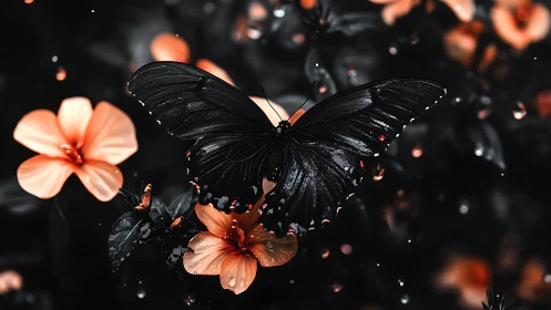 Black butterfly on coral flowers in moody close-up scene.